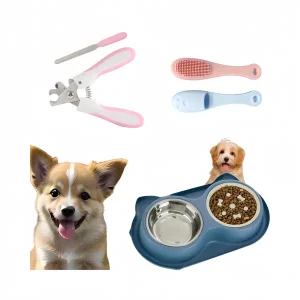 5-Piece Pet Grooming and Feeding Set - Stainless Steel Dog Bowls with Non-Spill Silicone Mat, Slow Feeder, Nail Clippers, and Teeth Cleaning Brushes for Small to Medium Dogs and Cats