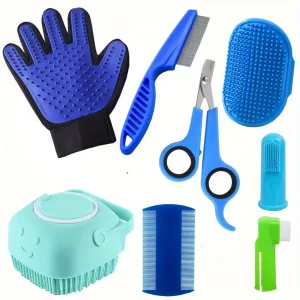 8-piece 8-Piece Dog Grooming Kit: Battery-Free, PP Material, Shampoo Brush, Flea Comb, Nail Clippers, Toothbrush & More