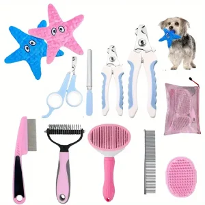 Complete Dog Care Bundle: 6-Piece Grooming Set with 2 Sound Shell & Teddy Starfish Toys + 4-Piece Professional Nail Care Kit + 5-Piece Deshedding Grooming Brush Set for Golden Retrievers, French Bulldogs & Medium-Sized Dogs