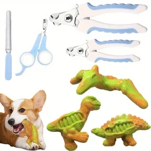 7pcs Ultimate Dog Care Bundle: 4-Piece Dog Nail Clippers Kit with Safety Guard & 3-Pack Nylon Chew Toys