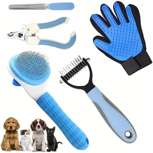 5-Piece Pet Grooming Kit, Plastic Cat Nail Clippers, De-shedding Brush, Comb, and Nail File, Professional Cat Grooming Tools Set for Cats