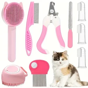 8-Piece Cat Grooming Set - Stainless Steel Bristled Brushes, Nail Trimmers, Flea & Shedding Comb, Self-Cleaning Slicker, Shampoo Bath & Toothbrush, Durable Plastic Pet Care Kit