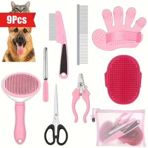 9pcs Dog Grooming Brush Shedding Kit, Self Cleaning Nail Rake Dog Brush Shedding And Flea Comb Nail Clipper And File Pet Grooming Brush Scissors For Pets