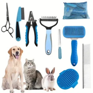 1 Set (9pcs) Durable Pet Grooming Tools, Ideal For Dogs & Cats, Includes Self-Cleaning Slicker Brush, Deshedding Undercoat Rake, Dual Sided Comb With Nail Clipper And File, Professional Scissors