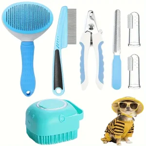 1set Pet Grooming Set, Hair Removal Comb For Dogs, Flea Comb, Dog Shampoo Brush, Pet Nail Clippers, Dog Toothbrush Set