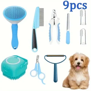 9pcs set Dog Brush Grooming Set, Pet Cleaning Set With Pet Nail Clippers And File, Flea Comb, Pet Shampoo Brush, Pet Hair Removal Brush And Silicone Toothbrush