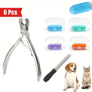 6 pcs Dog Grooming Essentials Kit Dog Finger Toothbrush for Teeth Cleaning & Dental Care, Plus Nail Clippers & Nail File for Complete Pet Hygiene