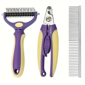 3pcs Pet Grooming Kit, Durable Stainless Steel Comb, Non-Slip Dematting Rake, Ergonomic Nail Clippers, Grooming Essentials For Cats And Dogs