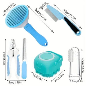 7 Pack Pet Grooming Set, Hair Removal Comb For Dog, Flea Comb, Dog Shampoo Brush, Pet Nail Clippers, Dog Toothbrush Set